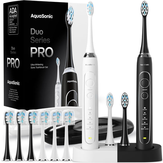 Aquasonic Duo Series PRO – Ultra-Whitening Electric Toothbrush Set – 5 Modes & Smart Timers – Premium Travel Cases & 10 Proflex Brush Heads – ADA Accepted Toothbrushes