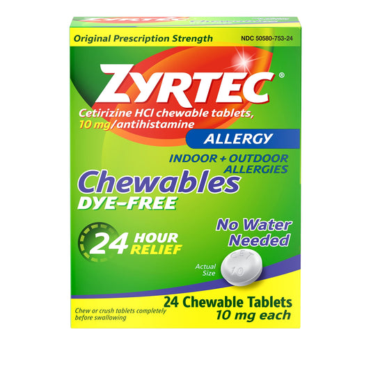 Zyrtec 24 Hour Allergy Relief Berry Chewable Tablets, 10 mg Antihistamine Cetirizine HCl per Tablet, Medicine Relieves Hay Fever & Indoor & Outdoor Allergy Symptoms, Dye-Free, 24 Ct