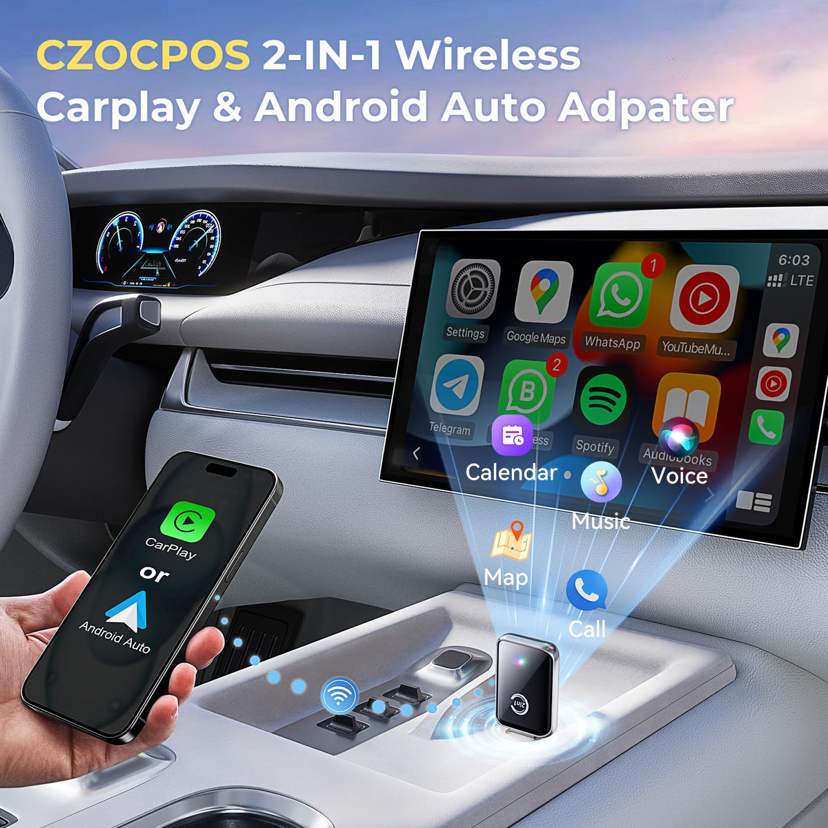 Wireless Carplay Adapter for iPhone, Convert Wired Carplay to Wireless, 2 in 1 Plug and Play Android Auto and Carplay Adapter for iOS 10 Android 11 and Above, Cars with Built-in Carplay (Silver)