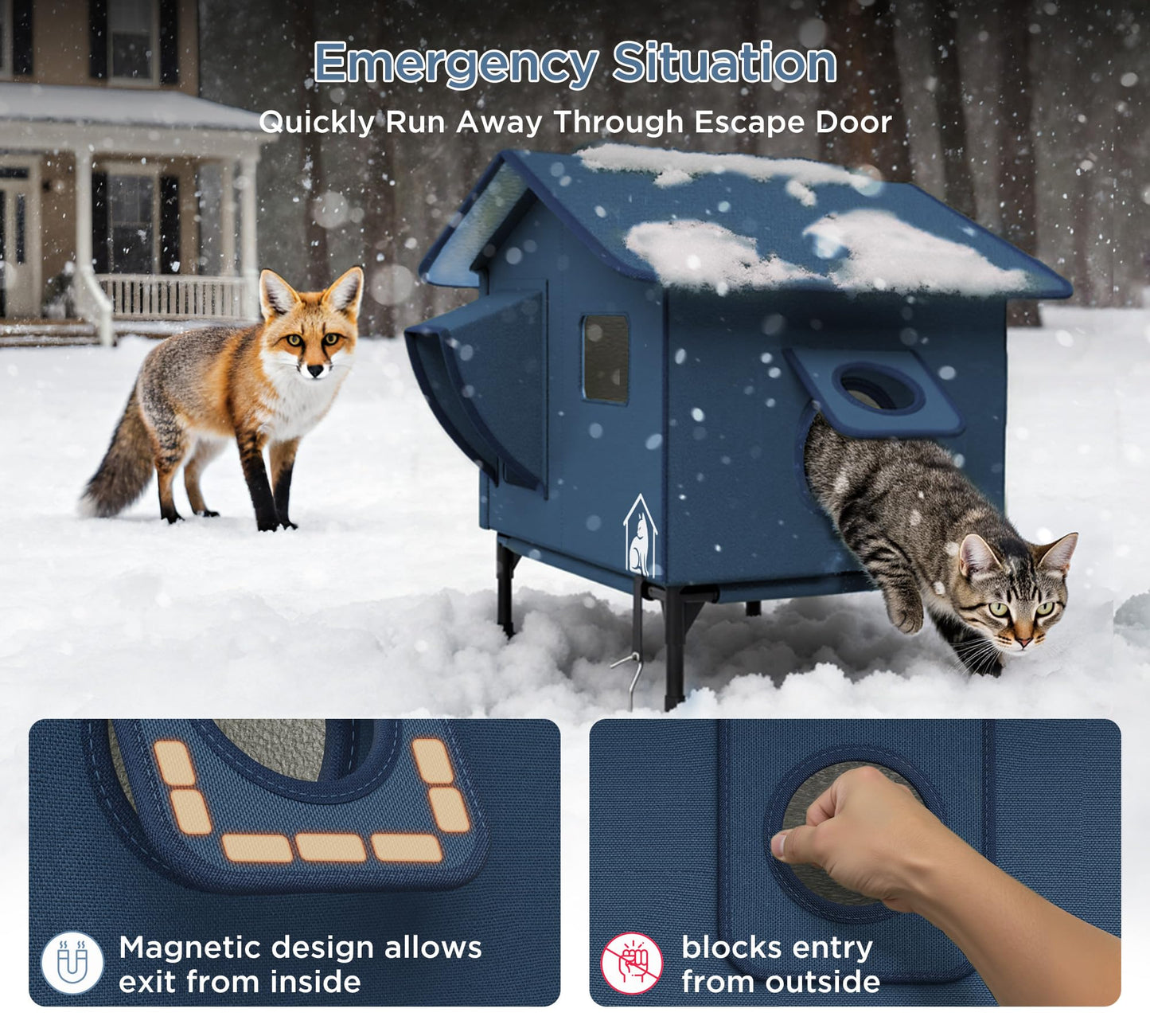 Extra-Wide Heated Cat House for Outdoor Use, Waterproof Insulated Shelter for Winter with Escape Exit, Spacious 23.5" × 21" × 16", Safe Heated Bed, Foldable, Connects to Feeding Station – Blue