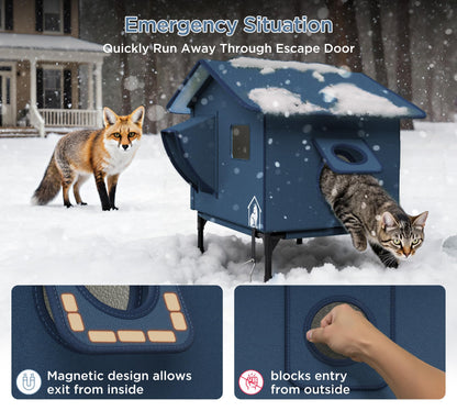 Extra-Wide Heated Cat House for Outdoor Use, Waterproof Insulated Shelter for Winter with Escape Exit, Spacious 23.5" × 21" × 16", Safe Heated Bed, Foldable, Connects to Feeding Station – Blue