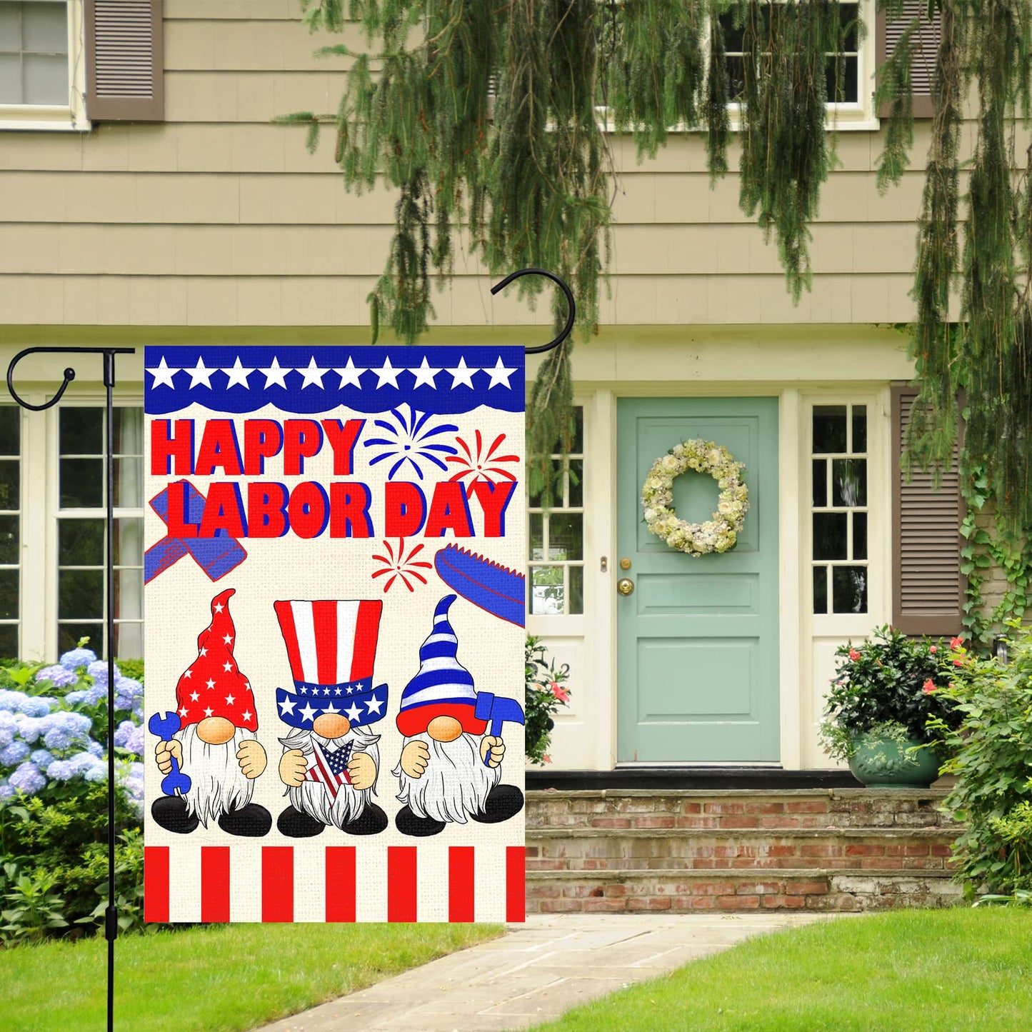 Louise Maelys Happy Labor Day Garden Flag 12x18 Double Sided Vertical, Burlap Small Gnome Garden Yard House USA Flags Banner Outdoor Outside Labor Day Decoration (ONLY FLAG)
