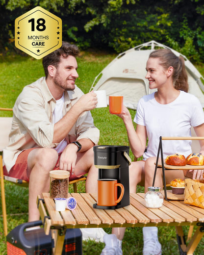 Tastyle Single Serve One Cup Coffee Maker, for K Cups and Grounds, Mini Coffee Maker with Portable Handle, 6 to 12 Oz Brew Size, for Travel, Camping, Office, RV and Dorm, Black and Gold