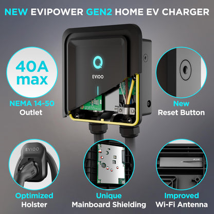 EVIQO Level 2 EV Charger 40 Amp - 9.6 kW 240V Wall Home EV Charger Level 2, NEMA 14-50 Plug, J1772 25' Cable - Enhanced Wi-Fi – UL, ETL Certified EVSE, Smart Electric Vehicle Charging Stations – GEN 2