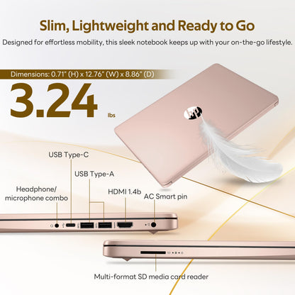 HP Flagship 14" HD Student&Business Laptop with AI Copilot, 13th Gen Intel 4-Core, 4GB RAM, 1.12TB Storage (128GB UFS + 1TB Docking Station), 1 Year Office 365, Wi-Fi 6, Win 11 S, Pale Rose Gold