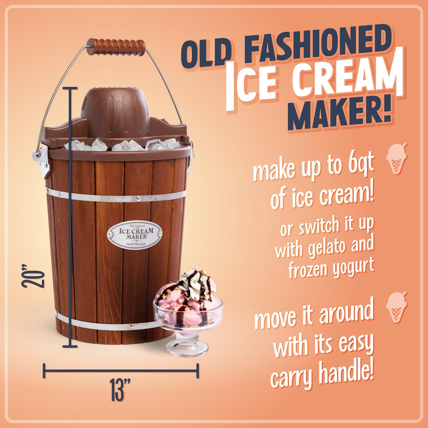 Nostalgia Electric Ice Cream Maker - Old Fashioned Soft Serve Ice Cream Machine Makes Frozen Yogurt or Gelato in Minutes - Fun Kitchen Appliance - Vintage Wooden Style - Dark Wood - 6 Quart