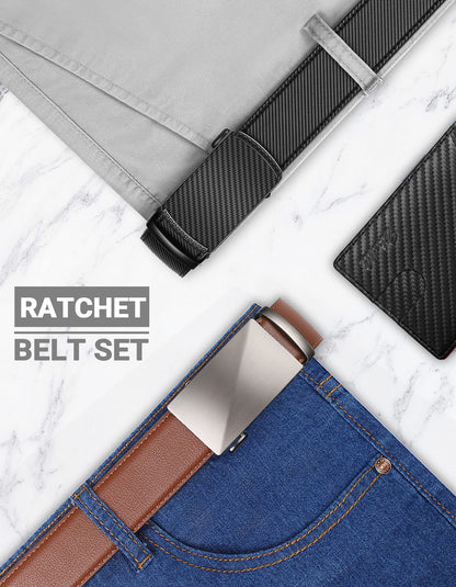 Zitahli Ratchet Belt for Men - Mens belt Leather 2 Packs with 1 3/8" Brown Black Slide Belt in Gift Set Box - Micro Adjustable Men Belt Buckle Fit Everywhere Size 34"-48"