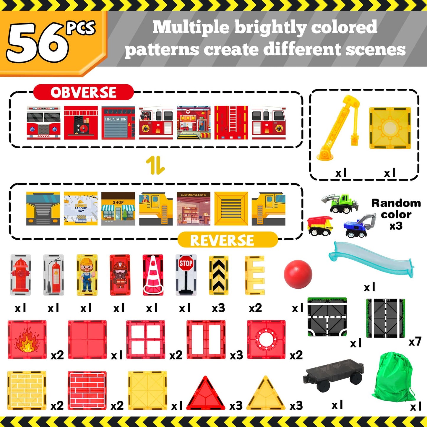 Magnetic Tiles for Kid, Construction Magnet Tiles with Fire Truck & Station, Building, Road, Crane, and Car Toys - Educational Travel Magnetic Tiles for Kids Ages 4-8, STEM Toys for 3+ Year Old