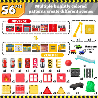 Magnetic Tiles for Kid, Construction Magnet Tiles with Fire Truck & Station, Building, Road, Crane, and Car Toys - Educational Travel Magnetic Tiles for Kids Ages 4-8, STEM Toys for 3+ Year Old