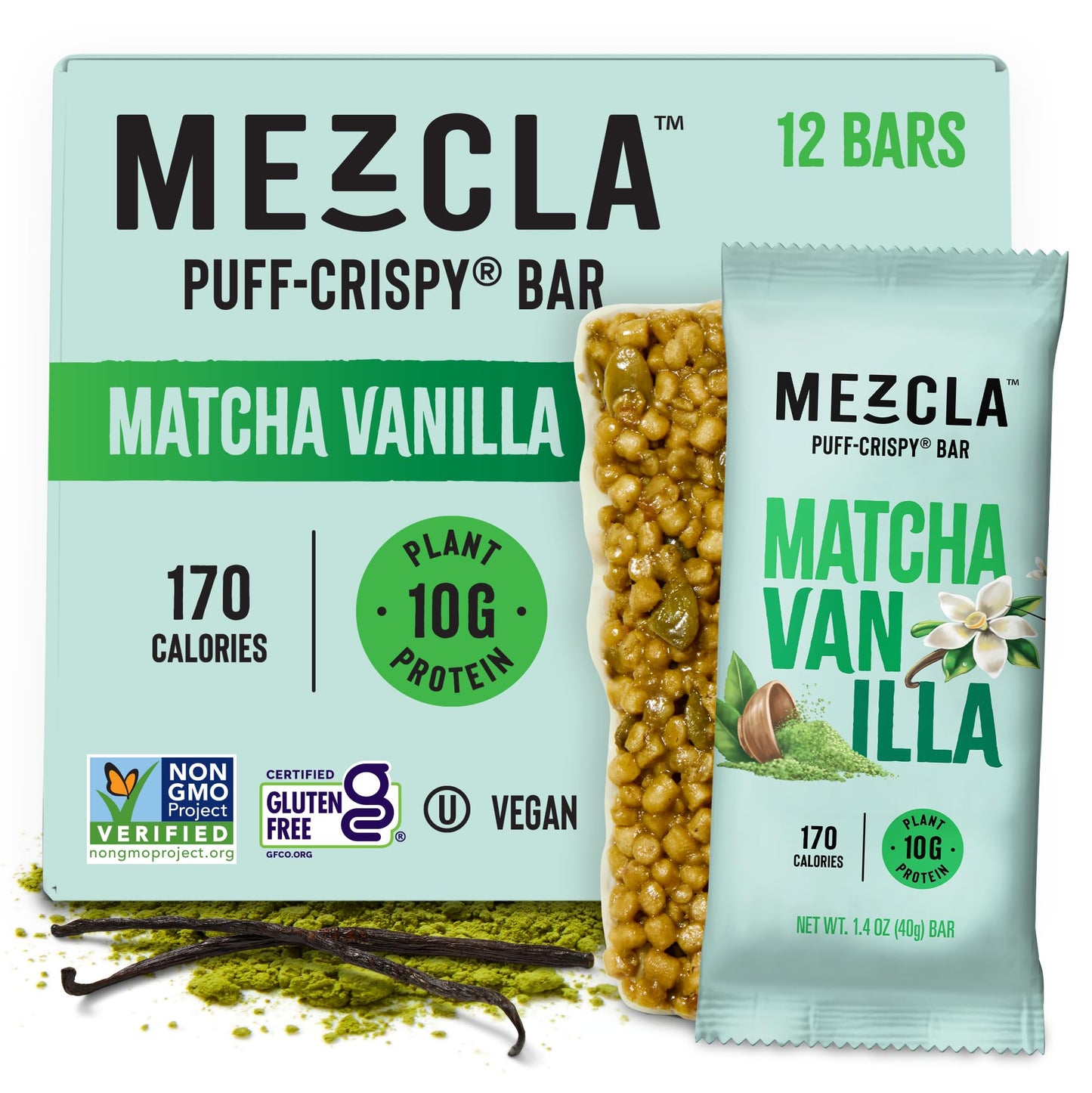 Mezcla Puff Crispy Protein Bars, Gluten Free & Vegan Protein Bars, 10g Protein, Alt for Crispy Rice Treat, Granola Bars & Breakfast Bars, Healthy Snacks for Adults, Matcha Vanilla, 12 Pack