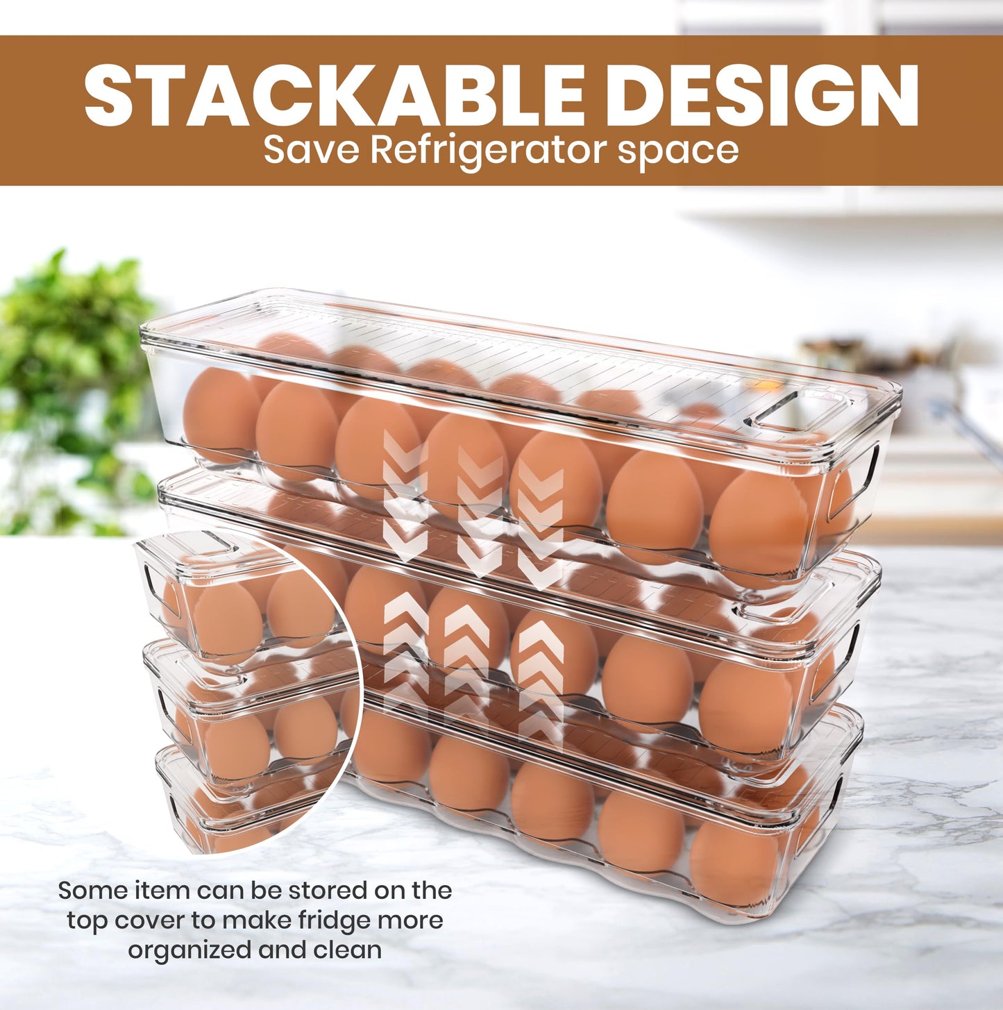Utopia Home Egg Container With Lid and Handle for Refrigerator Organization- Pack of 2 - Clear Stackable Egg Holder for Kitchen or Pantry Organizers and Storage