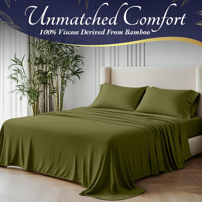 DECOLURE 100% Viscose Derived from Bamboo Sheets King Size 4pcs - Ultra Soft & Luxuriously Cooling, 17" Deep Pocket, Double Stitching, Perfect for Hot Sleepers - King Bed Sheets (Light Olive)