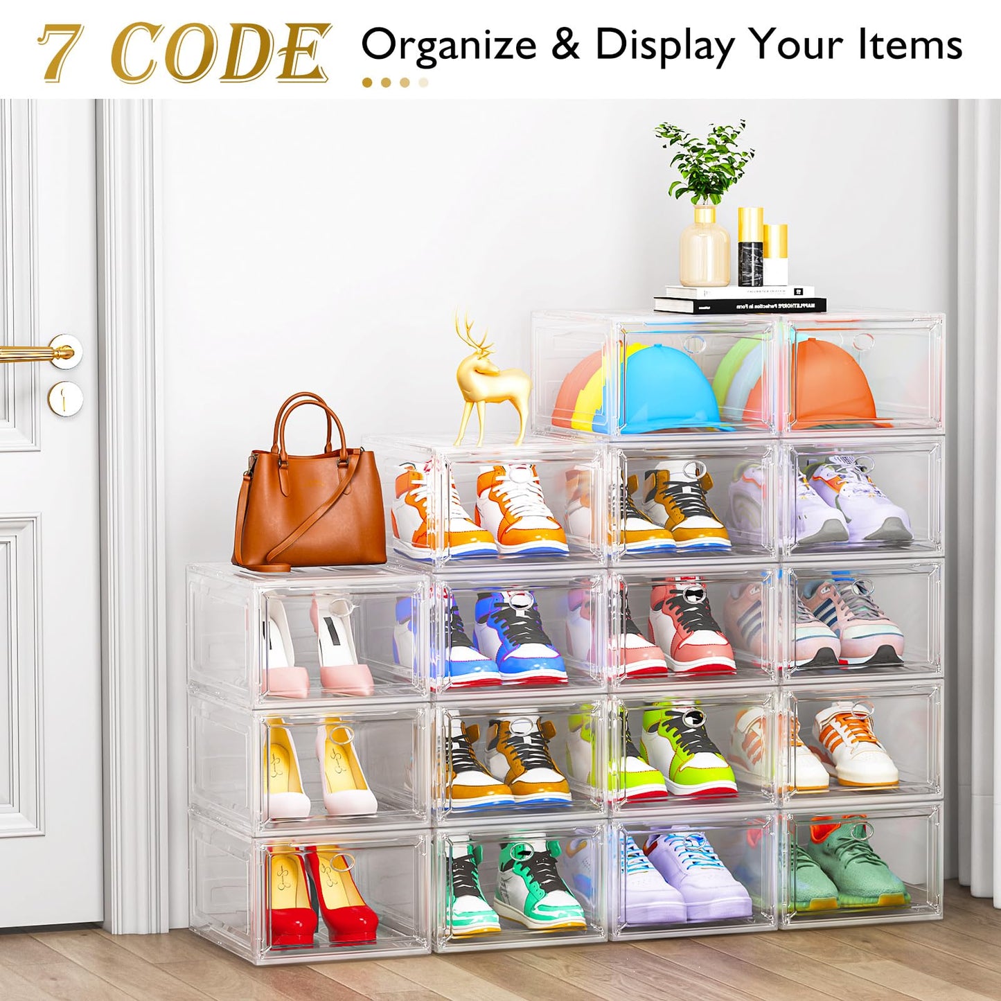 Thicken & Sturdy Clear Shoe Storage Organizer with Magnetic Door, Stackable Boxes for Closet, Foldable Space-Saving Shoe Rack for Sneaker Boot Container, Plastic Shoe Cabinet Shoe Box 6 Pack, White