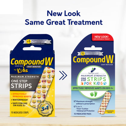 Compound W One Step Wart Remover Strips for Kids, 10 Medicated Strips for Wart Removal, 2 Pack