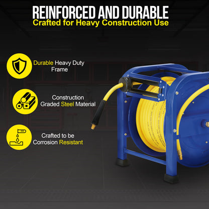 Goodyear Retractable Air Hose Reel, 3/8" x 100 Feet, 300 PSI, Spring-Driven Steel, Heavy Duty Industrial, Flex Hybrid Polymer Hose, Portable and Durable