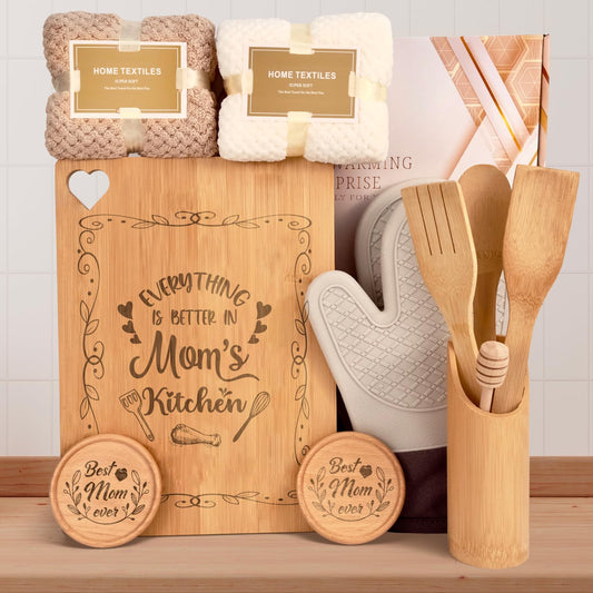 Mothers Day Kitchen Set Gift Box - Bamboo Cutting Board & Cooking Utensils Set - Perfect Mothers Day, Christmas & Birthday Gifts for Mom from Daughter & Son - Essential Kitchen Utensils Set for Mom