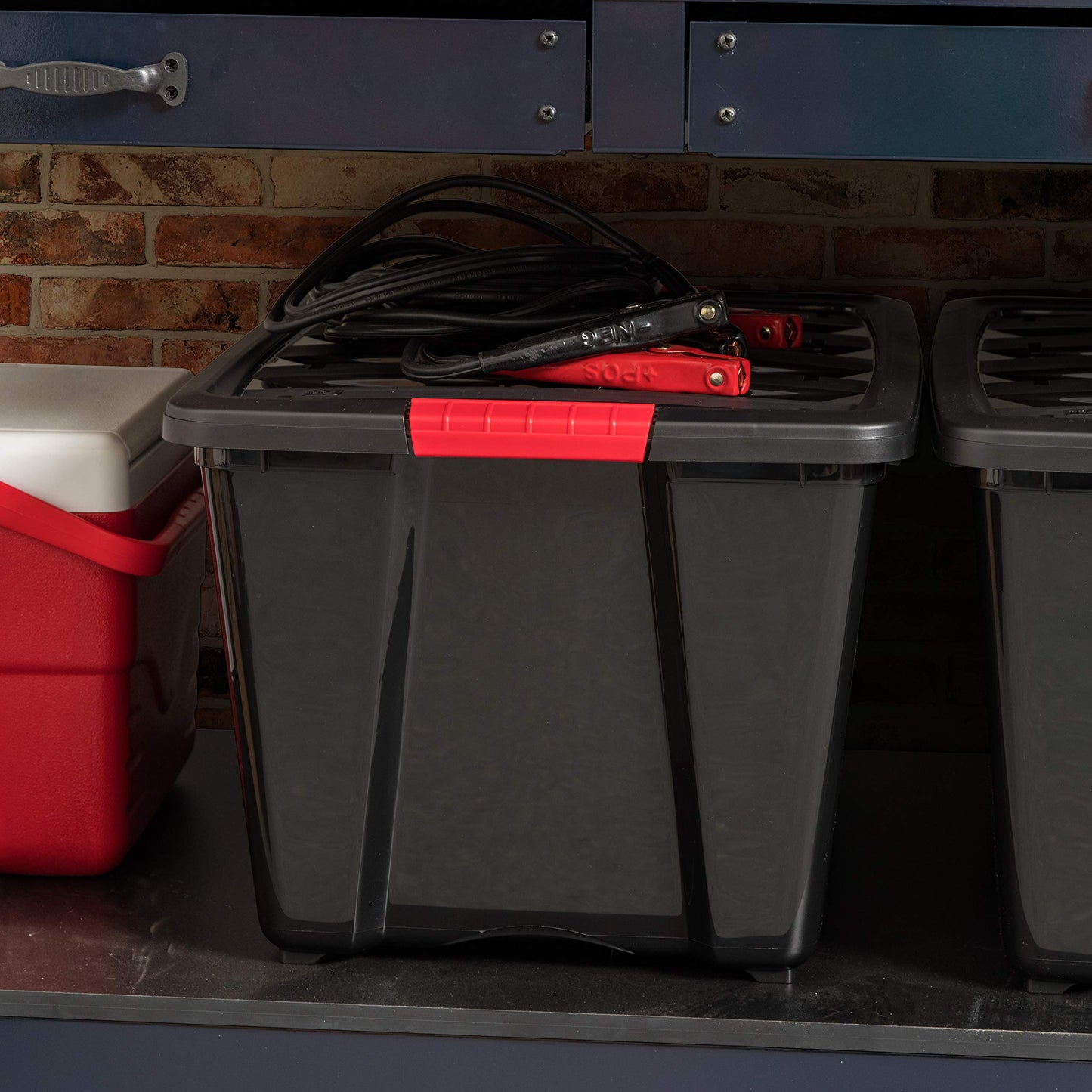 IRIS USA 51 L (54 QT) Plastic Storage Box with Lid and Latches - 4 Pack - BPA-Free, Garage Organizing Solution, Durable Nestable Stackable Containers, Secure Pull Handle - Black