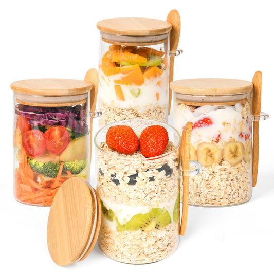 Overnight Oats Containers with Lids,4 Pack 18oz Overnight Oats Jars with Spoons,Salad Meal Prep Jar with Bamboo Lids for Chia Seed Pudding Salad Cereal Coffee Flour,Sourdough Starter Jar for Bread