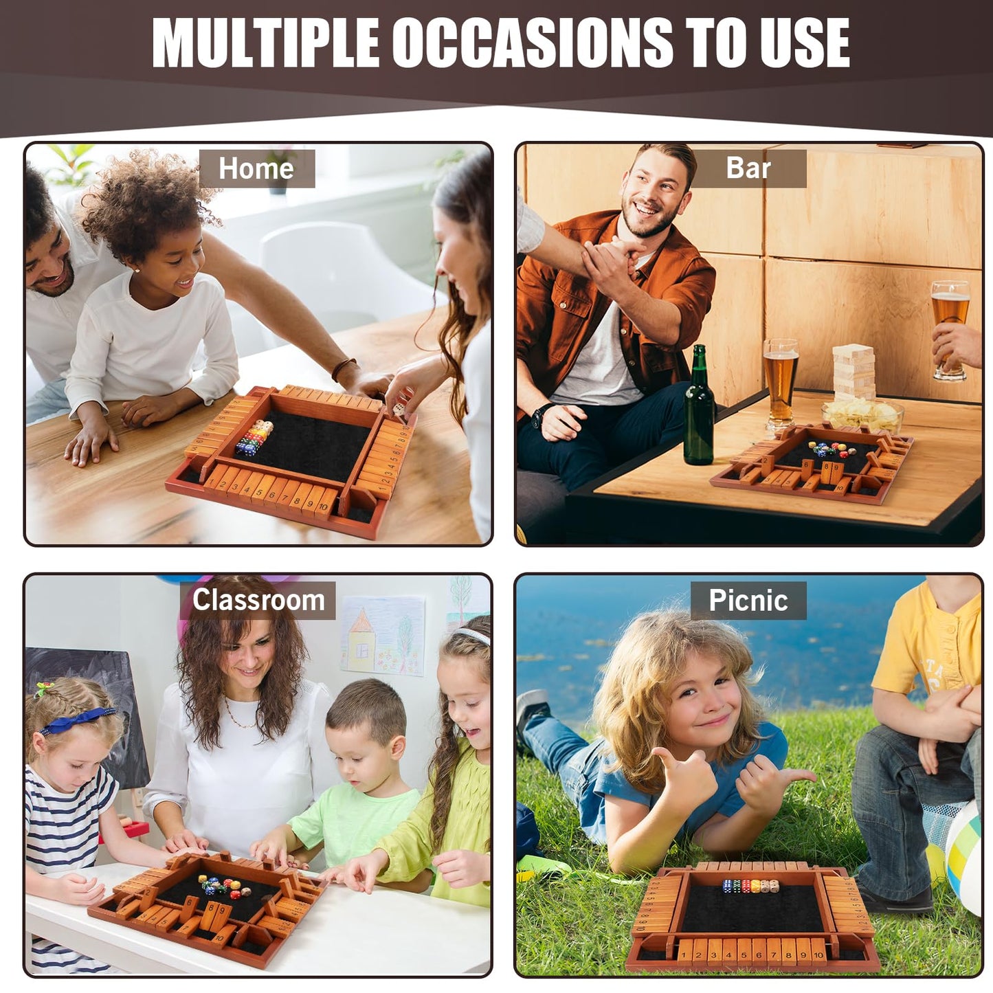 Toidgy 4 Players Shut The Box Dice Games, Wooden Board Table Math Game with 12 Dice and Instructions, Classics Close The Box Board Game for Adults Kids, Family Classroom Home or Bar