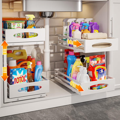 mixeshop Under Sink Organizer, Pull Out Cabinet Organizers, Slide Sink Steel Shelf Cabinet Storage Shelves, Under Sink Storage for Kitchen Bathroom Cabinet (White, 2 Pack)