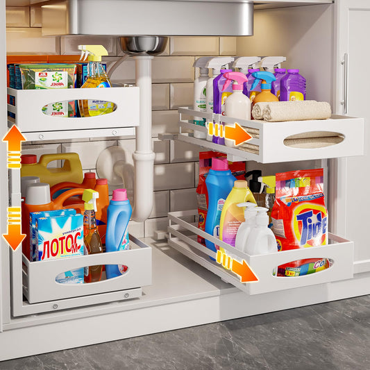 mixeshop Under Sink Organizer, Pull Out Cabinet Organizers, Slide Sink Steel Shelf Cabinet Storage Shelves, Under Sink Storage for Kitchen Bathroom Cabinet (White, 2 Pack)