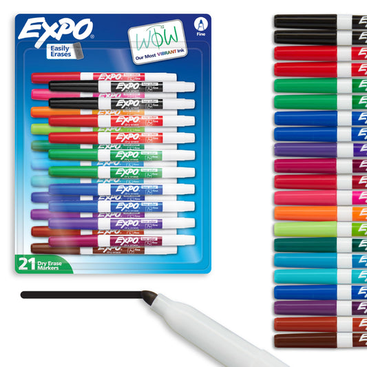 EXPO Dry Erase Markers, Low Odor Ink, Assorted Colors, Fine Tip, 21 Count