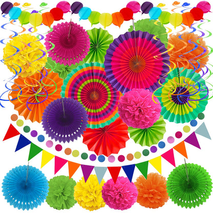 Recosis Fiesta Party Decorations, Multicoloured Paper Fans Pompoms Paper Balloon Garlands Hanging Swirls Decorations for Fiesta Gifts Mexican Cinco De Mayo Taco Birthday Party Supplies