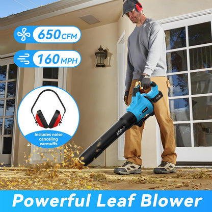 Leaf Blower Cordless,650 CFM & 160 MPH Electric Cordless Leaf Blower with 2 * 4.0Ah Batteries & Noise-Reduction Ear Muffs,3 Speed Powerful Blowing Ideal for Lawn Care, Blowing Leaves, Dust, Snow