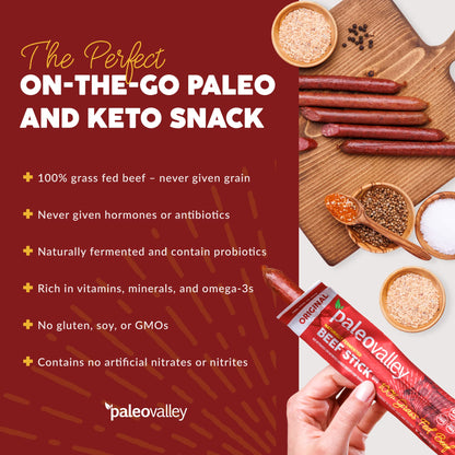 Paleovalley 100% Grass Fed Original Beef Sticks - Delicious Gluten Free Beef Snack - High Protein Keto Friendly