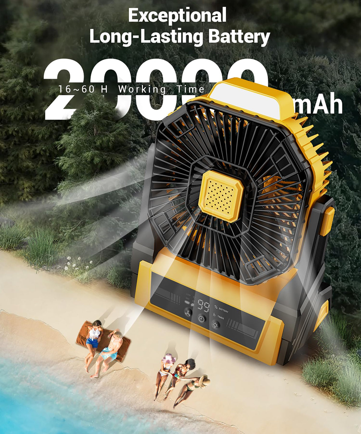 KopBeau Portable Camping Fan with Lights, 20000mAh Rechargeable Battery Operated Fan, Battery Powered Outdoor Beach Tent with 3 Speeds & Hook, Personal USB Table for Camping Accessories