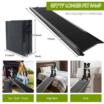 RUBLELITIE Dog Ramp for Cars SUV Truck-17.3x71in Heavy Duty Foldable Wide Outdoor Pet Stairs with Non-Slip Surface Portable Folding Design for Large Dogs Up to 250lbs (71" L x 17.3" W)