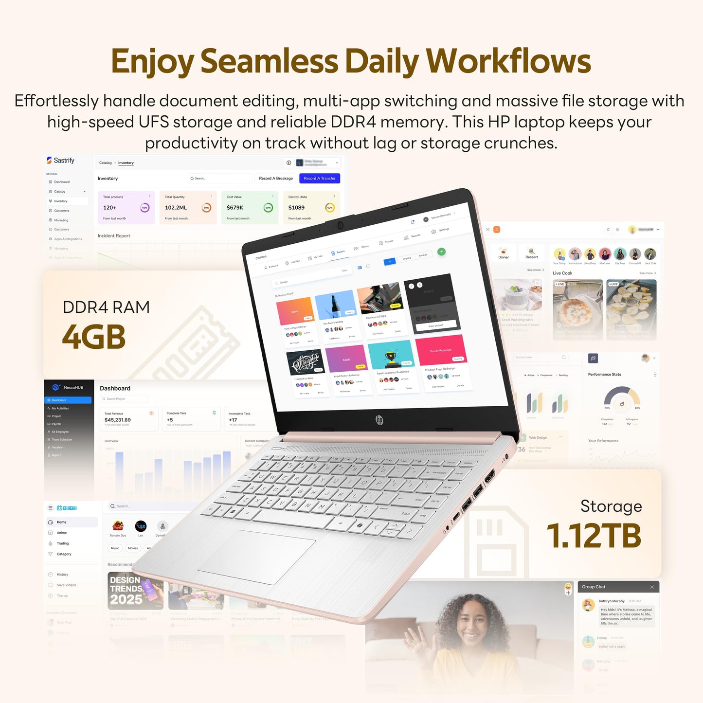 HP Flagship 14" HD Student&Business Laptop with AI Copilot, 13th Gen Intel 4-Core, 4GB RAM, 1.12TB Storage (128GB UFS + 1TB Docking Station), 1 Year Office 365, Wi-Fi 6, Win 11 S, Pale Rose Gold