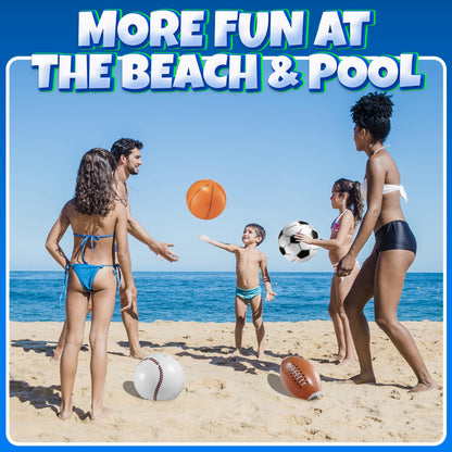 16" Inflatable Sports Beach Balls Variety Pack (12 Pcs) - 3 of Each - Basketball, Baseball, Football, Soccer Beach Balls for Sports - Themed Parties, Pool Toys, Birthday Decorations, and Party Favors