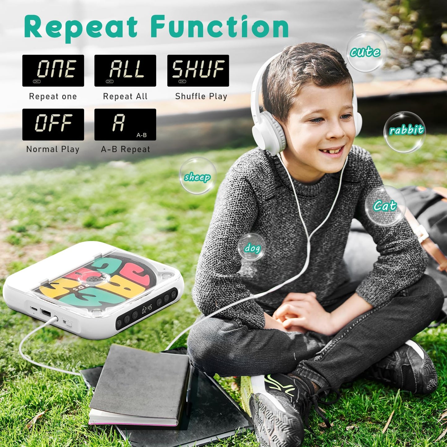 SKYANS Portable CD Player with Bluetooth 5.3, 2000mAh Rechargeable CD Players for Home/Car, Built-in HiFi Speaker, Headphones, LCD Screen, Supports CD/AUX/USB and Repeat Modes, White