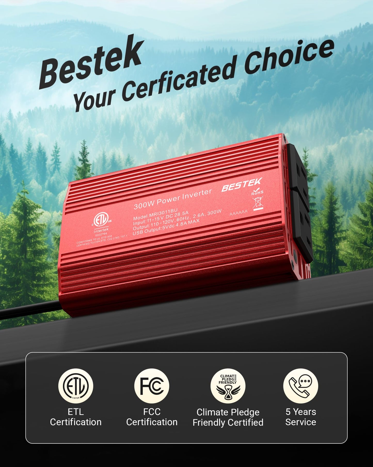 BESTEK Power Inverter DC 12V to AC 110V - 300W Car Plug Adapter Outlet with 4.8A Dual USB Fast Charging Port - Car Charger Cigarette Lighter Adapter for Phone, Laptop on Road Trip - Aluminum Housing