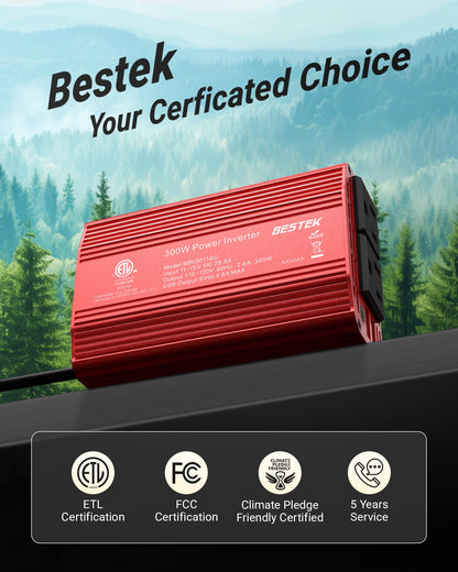 BESTEK Power Inverter DC 12V to AC 110V - 300W Car Plug Adapter Outlet with 4.8A Dual USB Fast Charging Port - Car Charger Cigarette Lighter Adapter for Phone, Laptop on Road Trip - Aluminum Housing