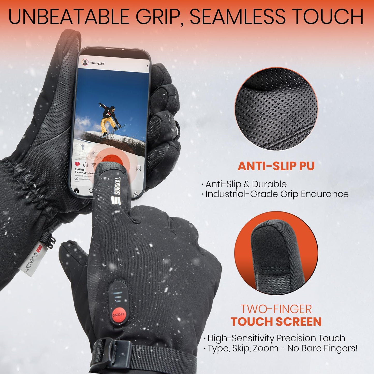 SURGOAL Heated Gloves Men, 8-Hour Runtime & 7.4V Rechargeable Battery Hand Warmer Gloves Women, Waterproof & Touchscreen Electric Gloves for Winter, Hunting, Motorcycle, Skiing, Work (PU-Black, S)
