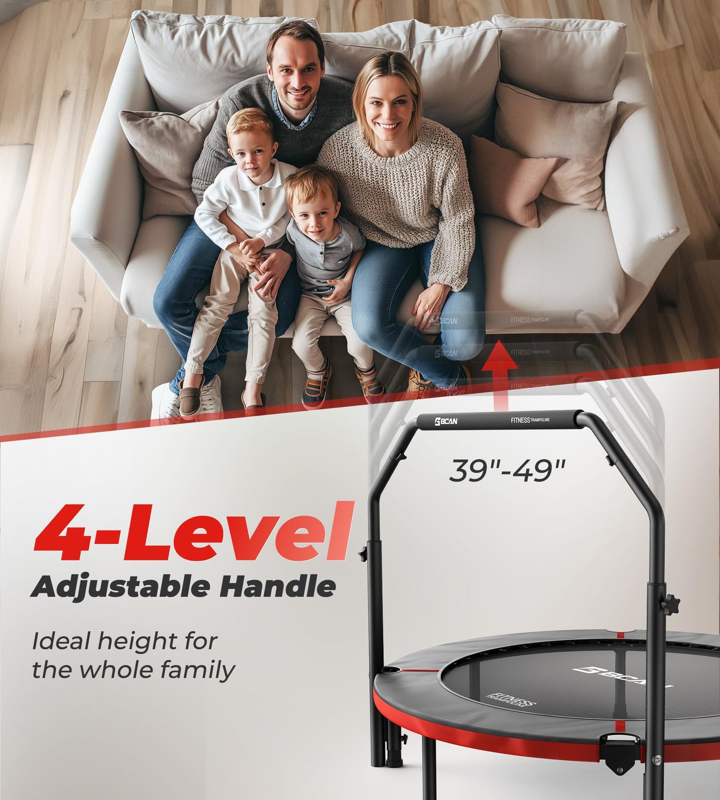 BCAN 48" Foldable Mini Trampoline, Rebounder Trampoline for Adults, Adjustable Foam Handle, Exercise Rebounder for Adults Indoor/Garden Workout, Max Load 440lbs, Red