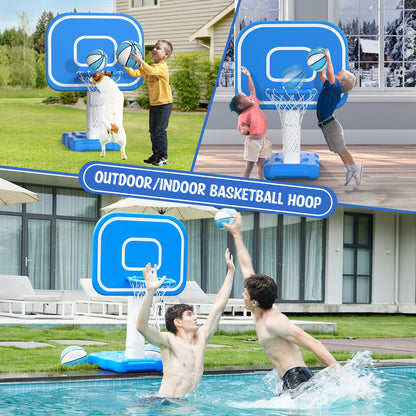 Pool Basketball Hoop, 33"x26"x50" Oversized Pool Toys with Adjustable Height Includes 4 Balls(Size 6, 2×Size 3, Glow)/ Nets/Pump for Poolside Water Basketball Game, Swimming Pool Games for Kids Adults