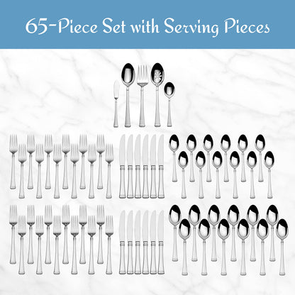 Mikasa Harmony 65-Piece 18/10 Stainless Steel Flatware Set, Service for 12, Polished Silverware with Serving Utensils, Dishwasher Safe