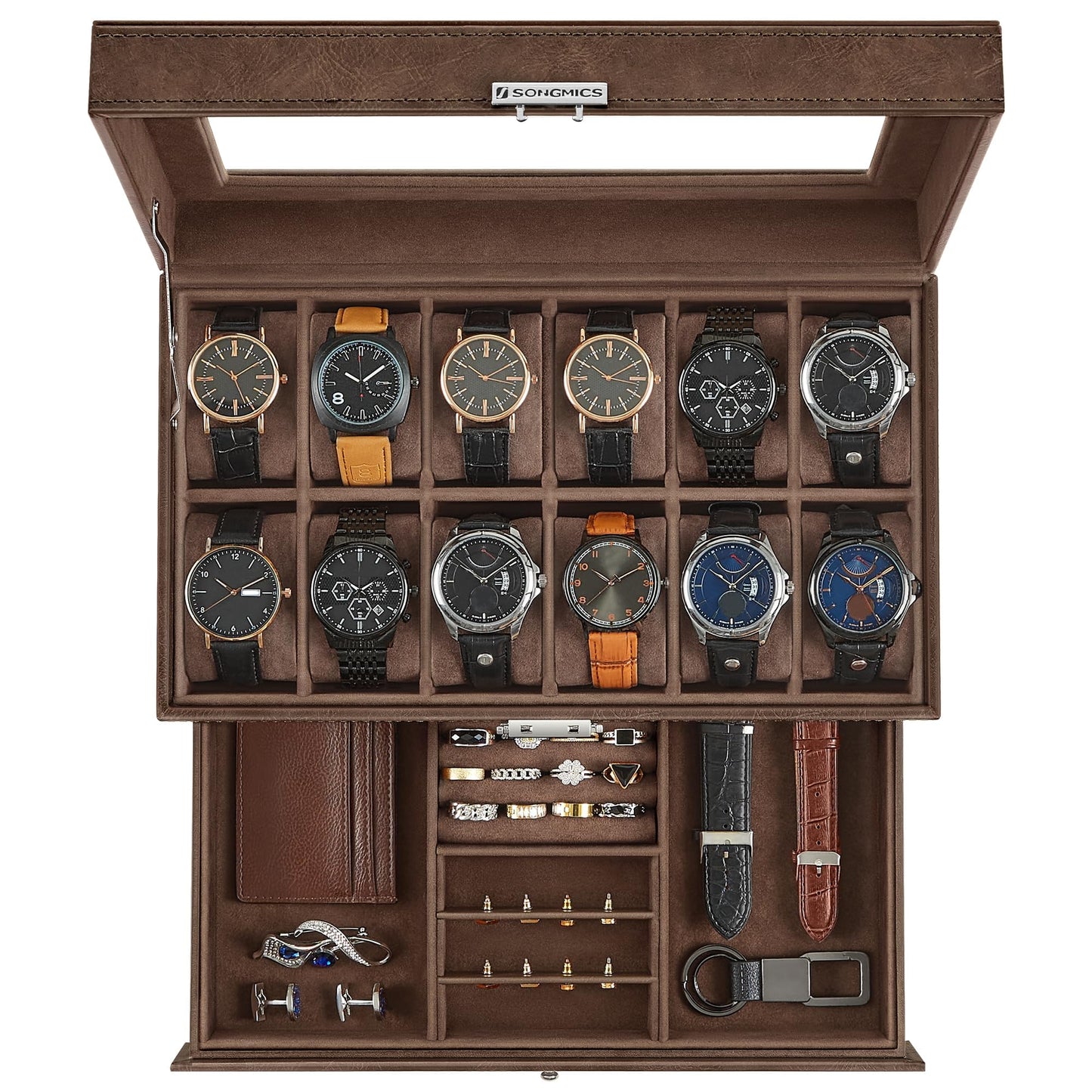 SONGMICS 12-Slot Watch Box, Lockable Watch Case with Glass Lid, 2 Layers, with 1 Drawer for Rings, Bracelets, Gift Idea, Brown Synthetic Leather, Brown Lining UJWB012K01