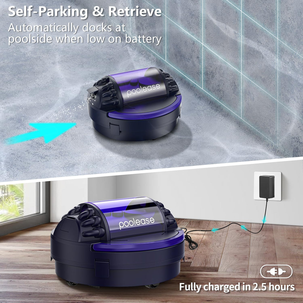 Poolease X1 Robotic Pool Vacuum for Above Ground Pool, Automatic Cordless Pool Cleaner with 45W Dual-Motor, Ideal for Above-Ground Flat Pool, 2L Debris Capacity (Dark Blue and Purple)