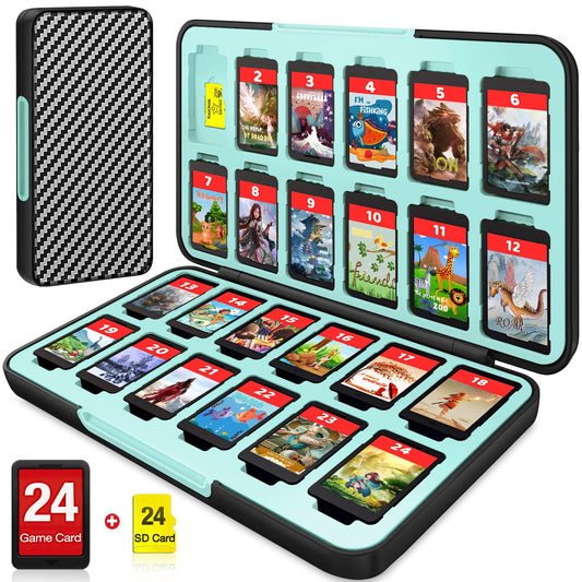 CYKOARMOR Switch Game Case 24 Compatible with Nintendo Switch Game Cards and 24 Memory Cards, Portable Switch Game Holder, Hard Shell, Soft Lining&Magnetic Closure, Stripe Black Blue