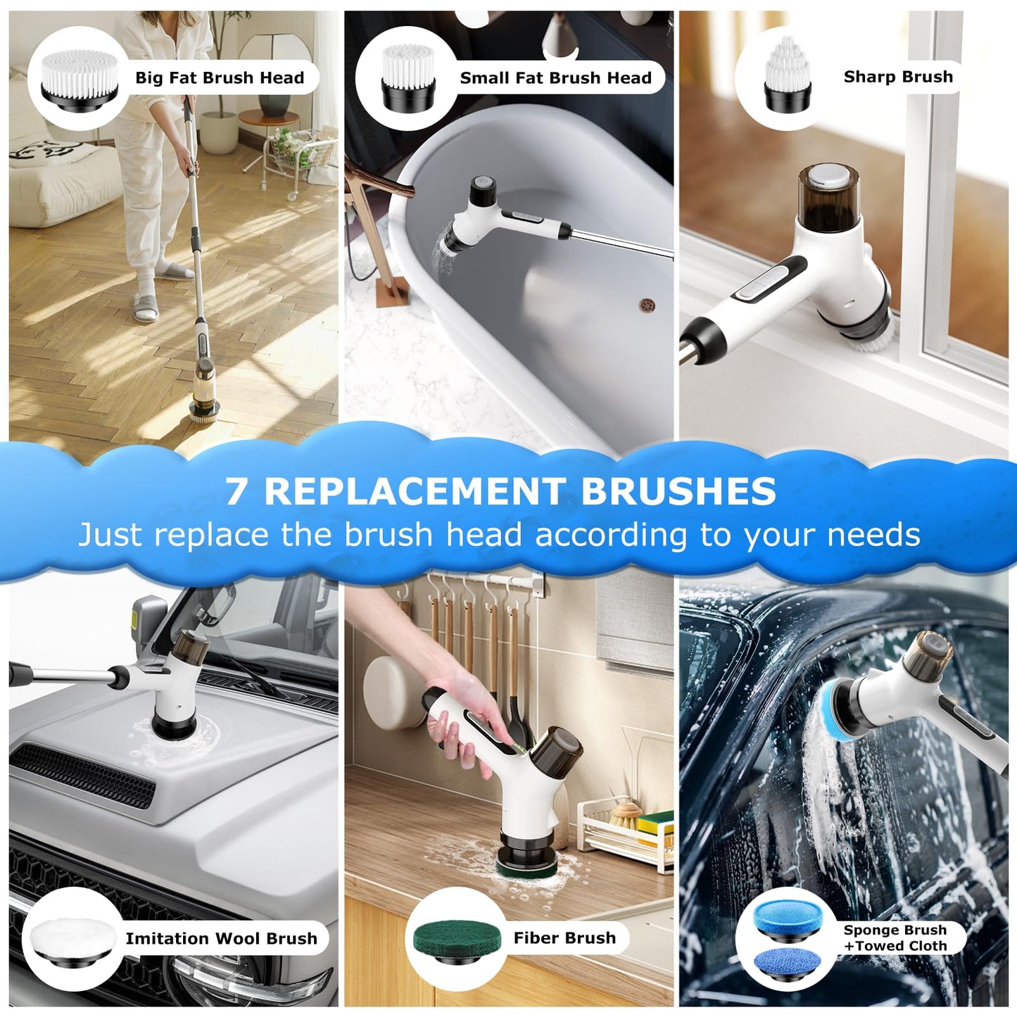 Wikihhome Electric Spin Scrubber,Cordless 2 Speeds Shower Scrubber with Foam &Remote Control,IPX7 Waterproof Adjustable Electric Scrubber for Cleaning with 7 Replaceable Brush for Bathroom Kitchen Car