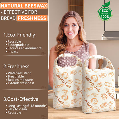 Reusable Beeswax Bread Bags(2 Pack), Beeswax Bags for Sourdough/Homemade Bread, Natural Cotton Bees Wax Bag, Fresh and Refrigerable, New Upgrade Food Storage Bag, Large Capacity and Portable
