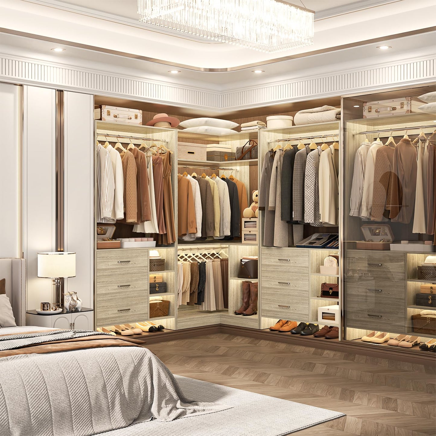 Aheaplus Closet System with 6 Drawers, 4 Hanging Rods & Corner Tower, Corner Closet System with Hanging,92.6" L-Shaped Walk-In Wardrobe Organizer, 2000+ lbs Capacity, Set of 3, White Oak