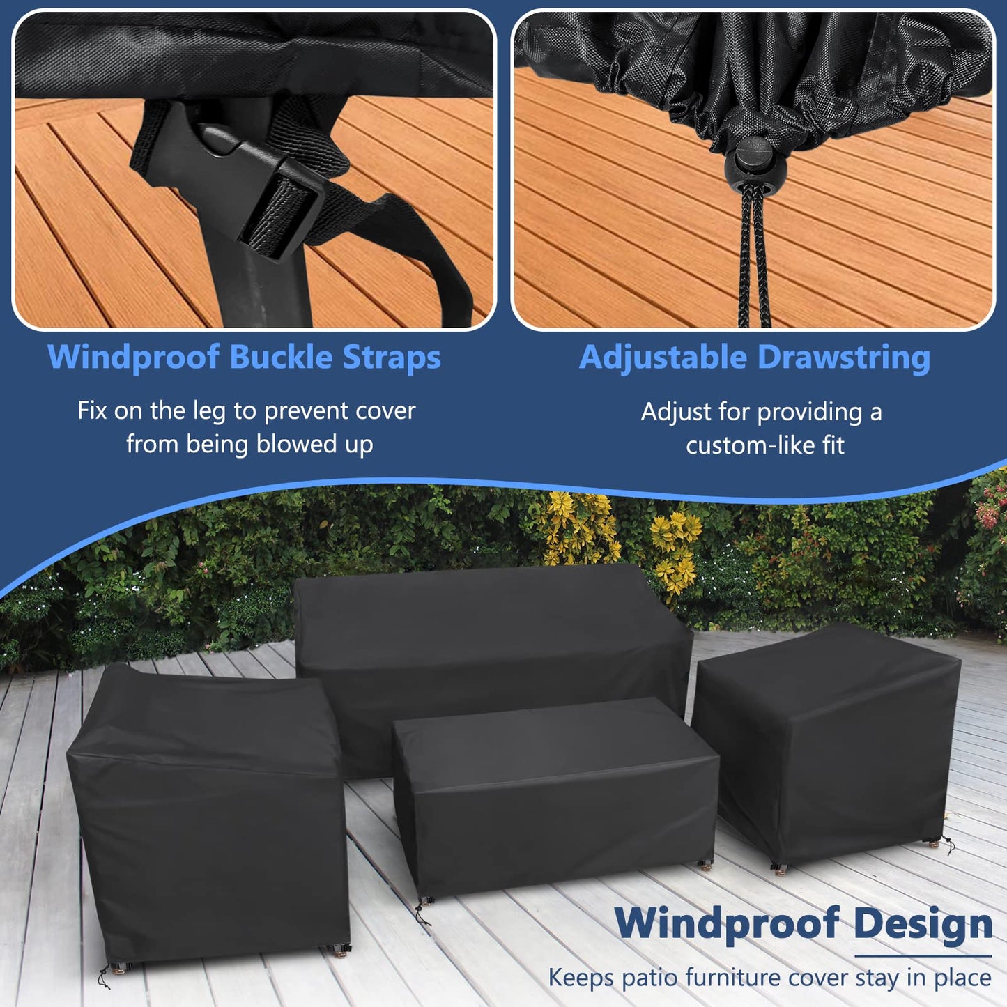 STARTWO Outdoor Furniture Cover Waterproof, 4 Piece Patio Furniture Set Cover for Outside Couch, Lawn Chairs, Coffee Table, Windproof with Buckle Strap, Black