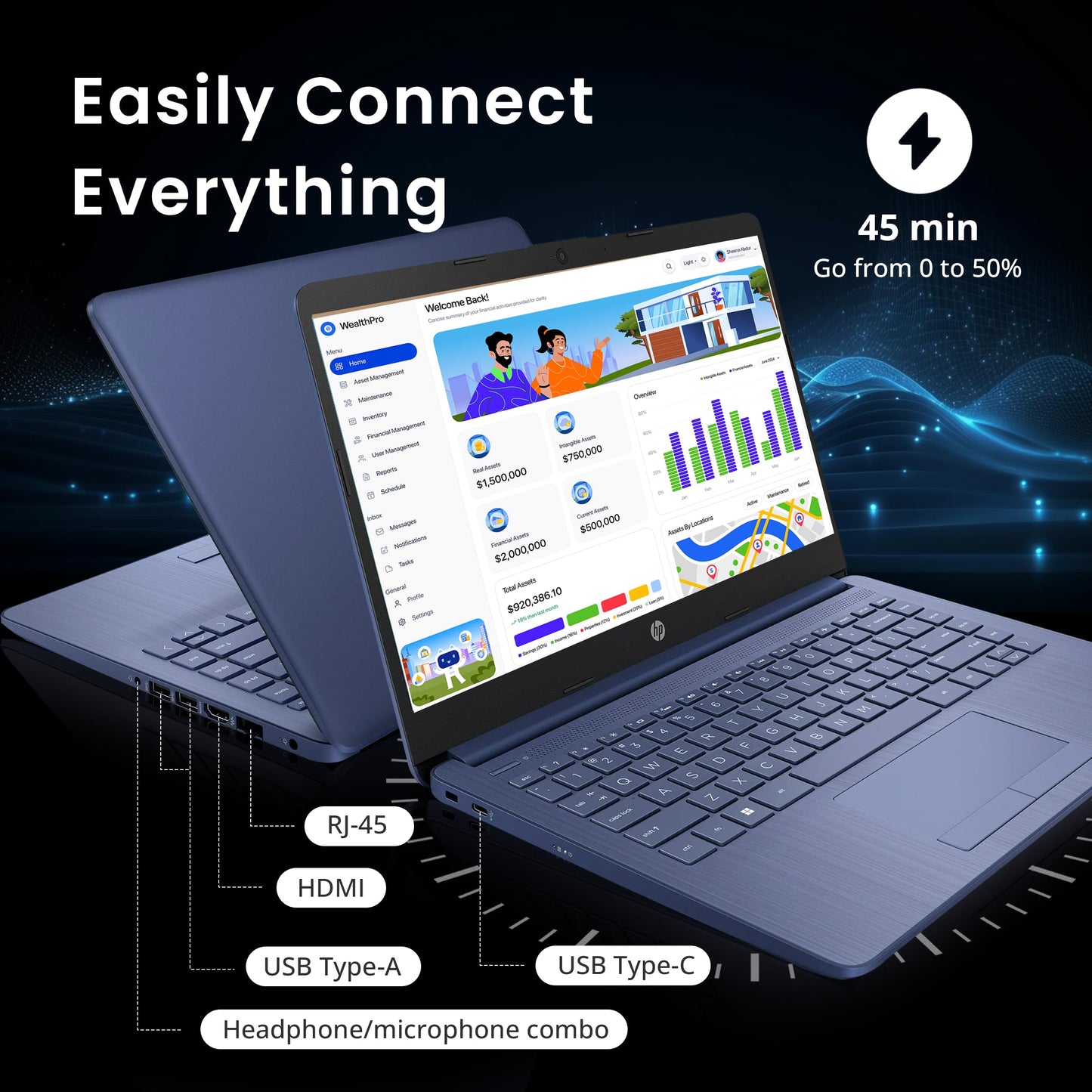 HP Flagship 14" HD Laptop with 1 Year Office 365 | 16GB RAM | 1.22TB Storage(64GB EMMC & 160GB Docking Station Set & 1TB Cloud Storage) | Intel 4-Core Processor | Webcam | Win 11s | Blue
