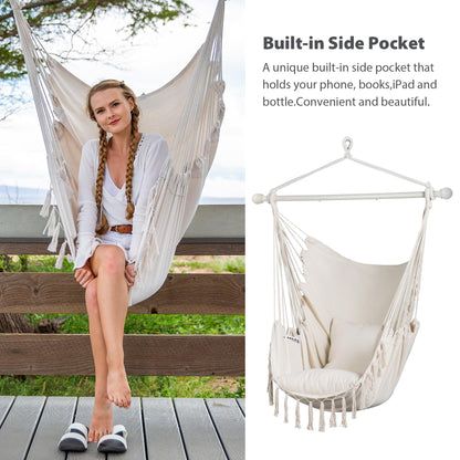 SUNCREAT Hammock Chair Hanging Rope Swing Seat-Max 450lbs Capacity, Extra Large Macrame Hanging Swing with Side Pocket, Two Seat Cushion, Beige