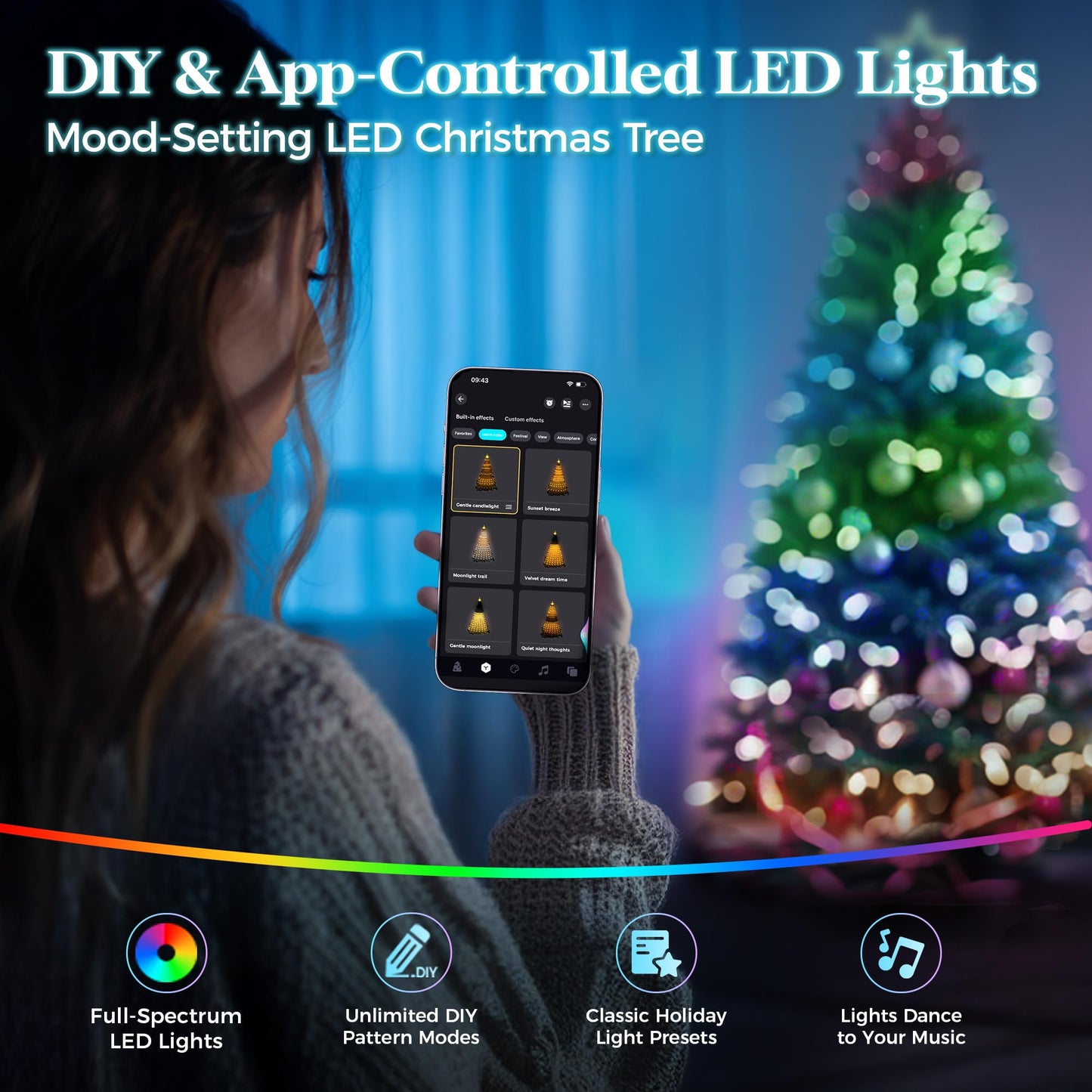 HOLLO STAR 6 ft Flocked Prelit Christmas Tree with 350 LED Lights, App Control, Artificial Christmas Tree, Multi-Color RGBW Lights, 947 Branch Tips, Snow Xmas Tree, for Home, Party